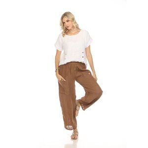 Brown Elastic Waist Wide Leg Pant with Pockets